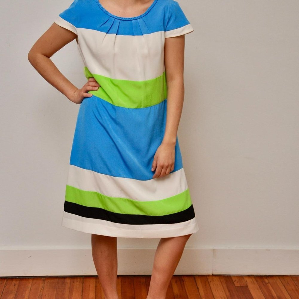 Vintage Colorblock Dress, Green Blue White Black, Size 14
